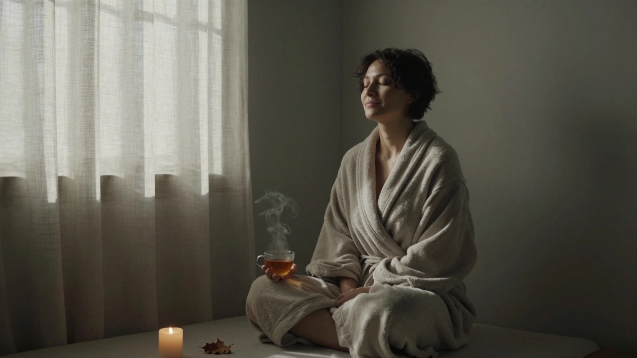 Personne assise en robe, les yeux fermés, souriante, avec une tasse de thé et une bougie allumée dans un espace paisible.