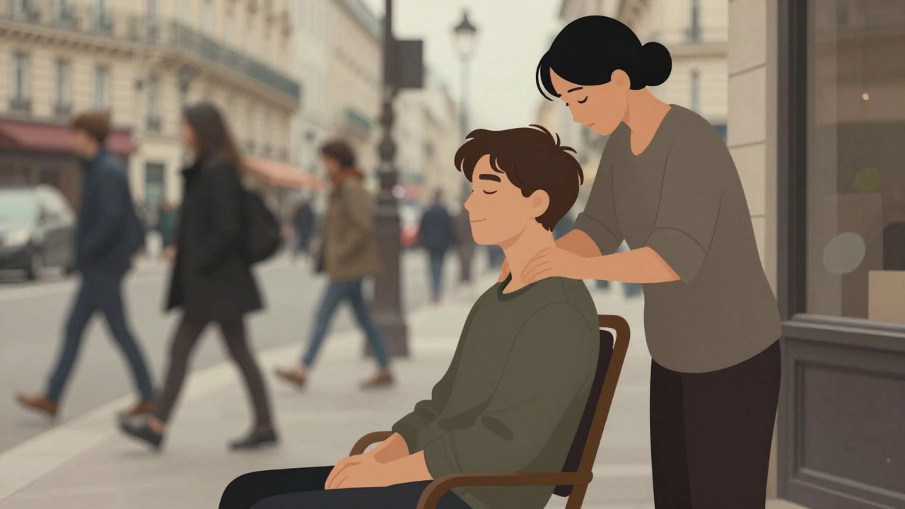 Personne recevant un massage assis au bord d'une rue parisienne animée, dans un moment de paix.