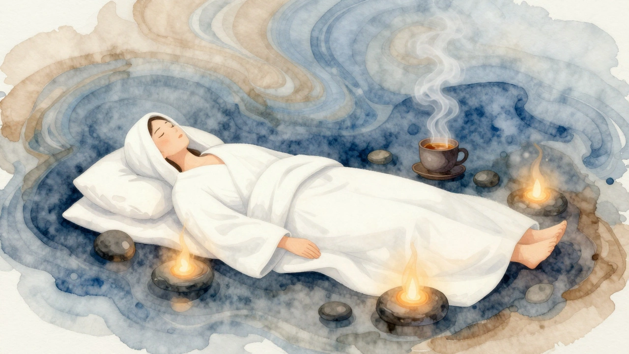 Personne reposant sous des draps blancs, pierres chaudes flottant doucement, vapeur et teintes apaisantes en aquarelle.