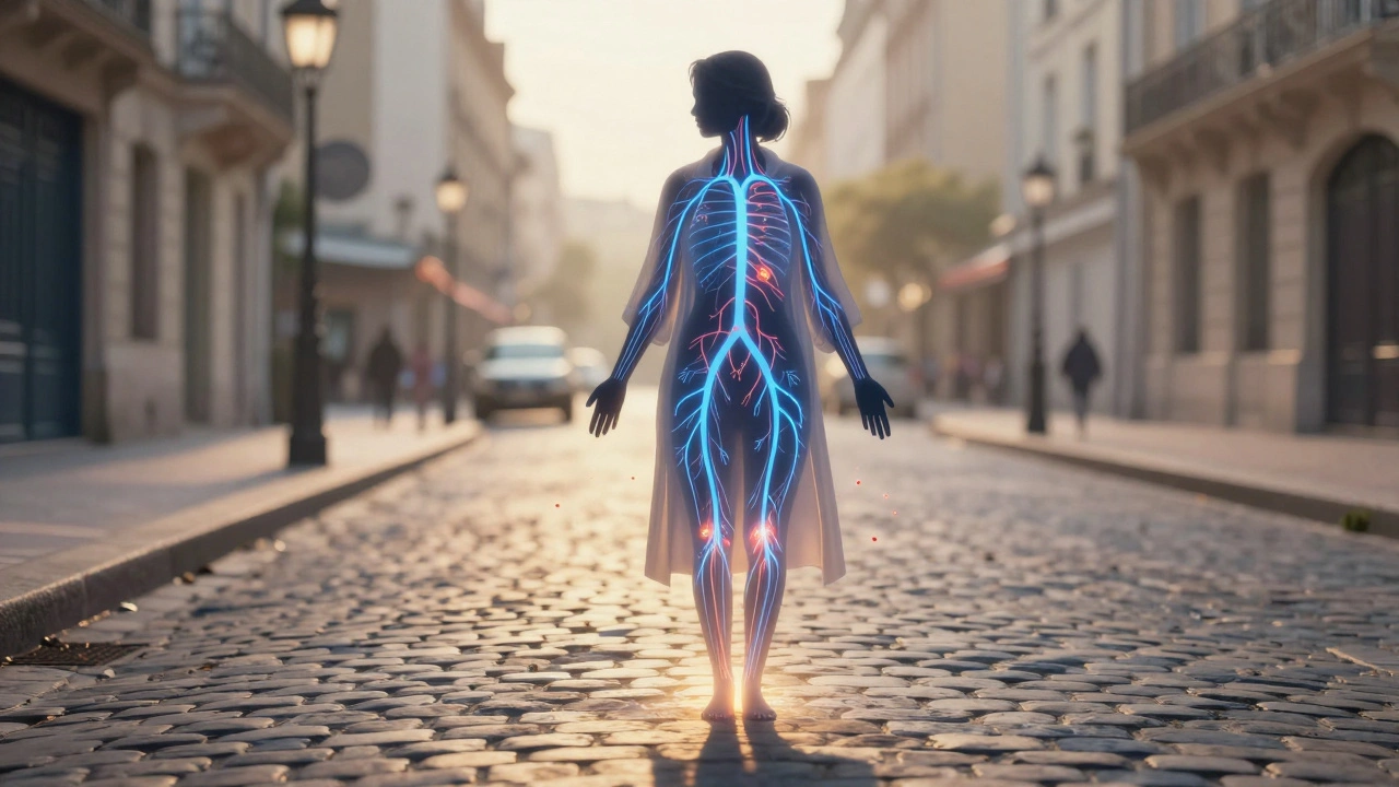 Représentation artistique du système lymphatique comme un réseau lumineux guidant les toxines depuis les pieds vers le cœur.