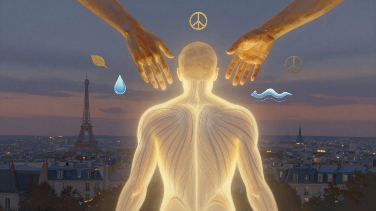 Représentation symbolique d'un corps libéré des tensions par des mains chaleureuses, dans un décor de ciel crépusculaire parisien.