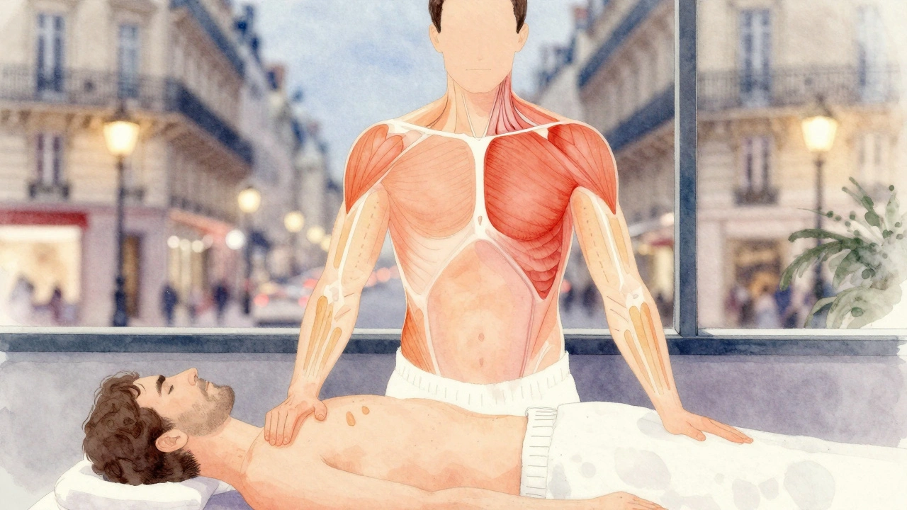 Schéma artistique des zones de tension musculaire ciblées lors d'un massage homme à Paris.
