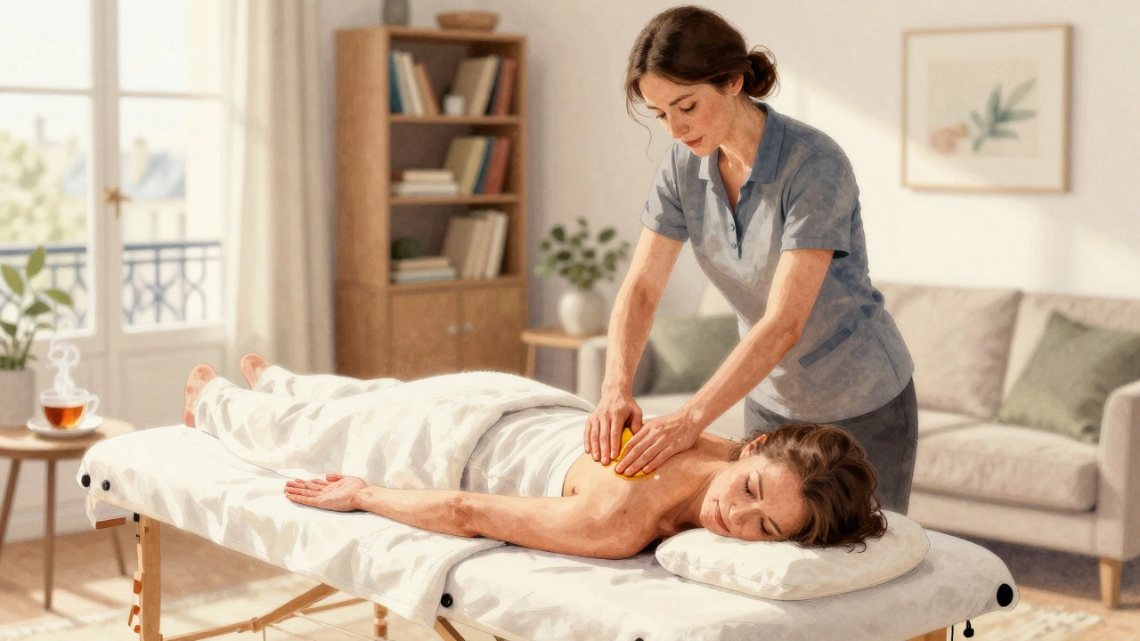 Séance de massage à domicile à Paris, une femme se détend tandis qu'un praticien travaille sur ses épaules, avec une tasse de thé et un soleil couchant.