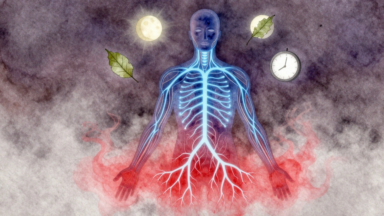 Silhouette humaine avec nerfs parasympathiques lumineux et hormones de stress qui s'évanouissent, style artistique aquatique.