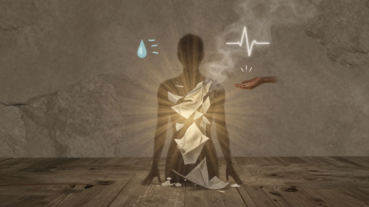 Silhouette humaine émergeant d'un voile de tissu, lumière dorée, symboles de libération émotionnelle flottant autour.