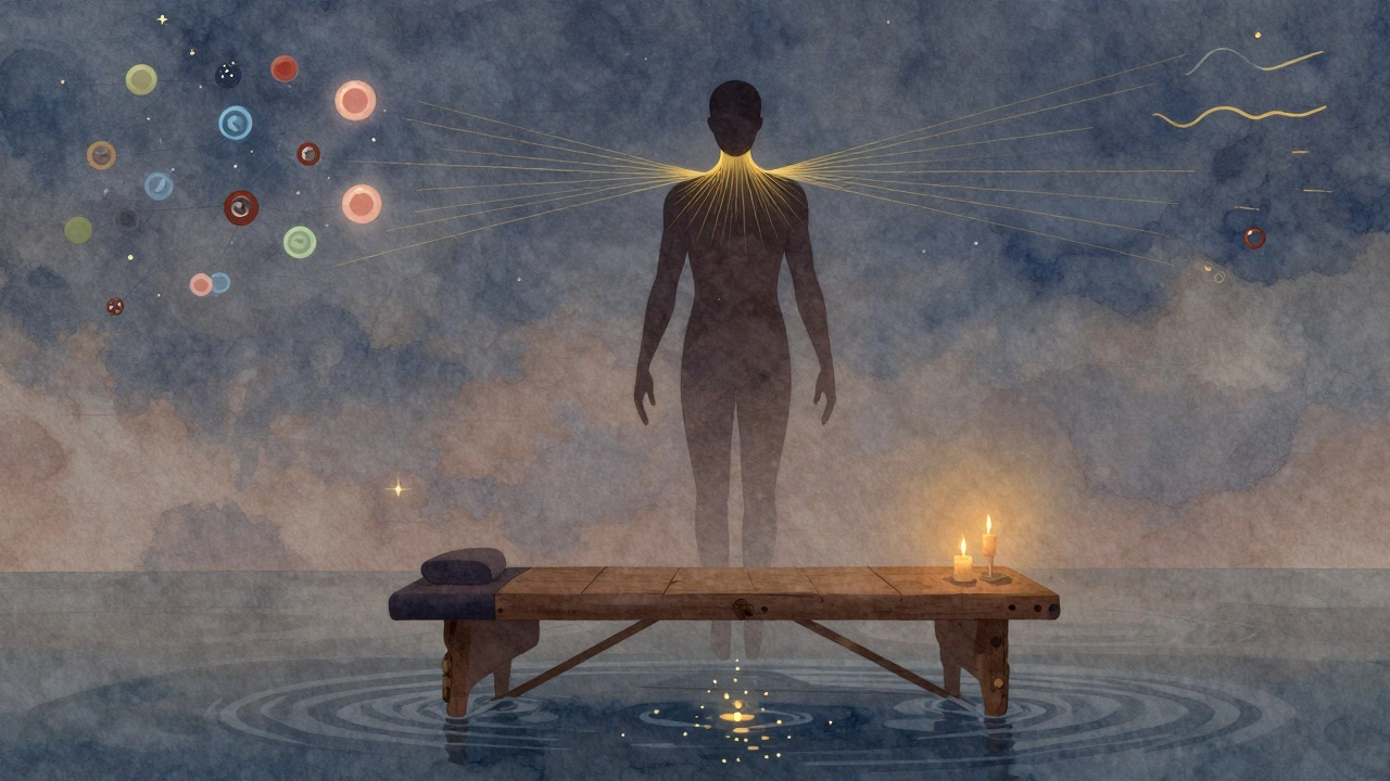 Silhouette humaine flottant dans un espace serein, symbolisant la détente et la libération du stress par des lumières dorées.