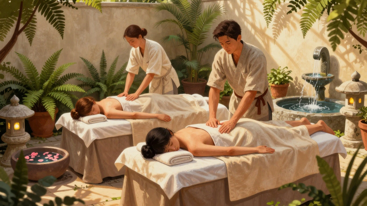 Thérapeutes massant un couple dans un jardin secret de Paris, entouré de lanternes et d'eau qui coule.