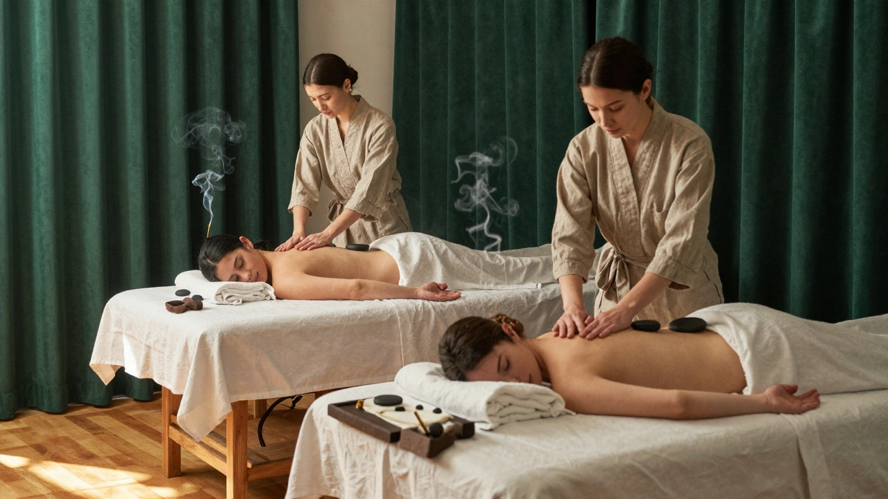 Thérapeutes massant un couple en silence dans un spa intime du Marais, pierres chaudes et rideaux de soie.