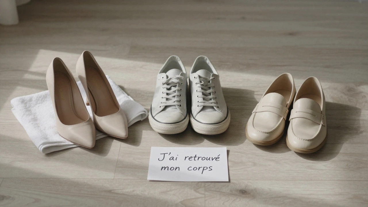 Trois paires de chaussures sur un sol en bois, symbole du changement après un drainage lymphatique, accompagnées d'une note manuscrite.