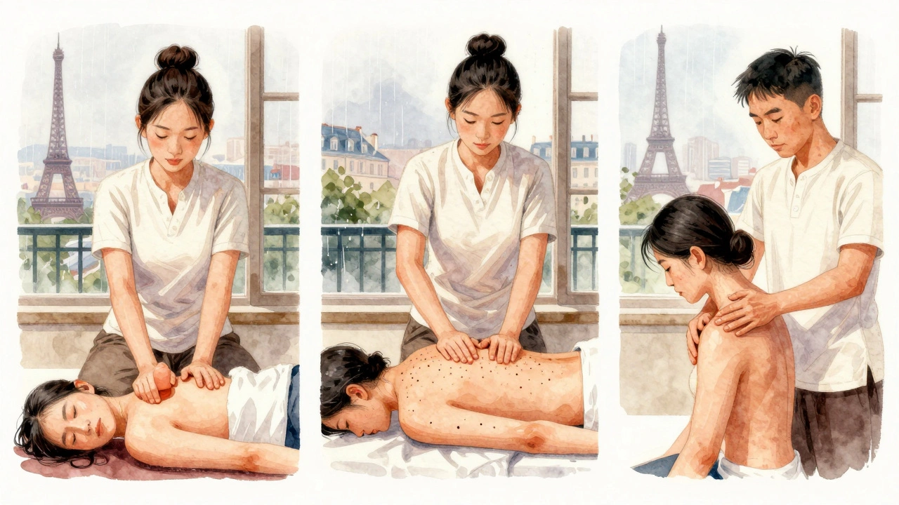 Trois techniques de massage asiatique : thaï, shiatsu et tui na, représentées dans un style aquarelle avec détails subtils de Paris.