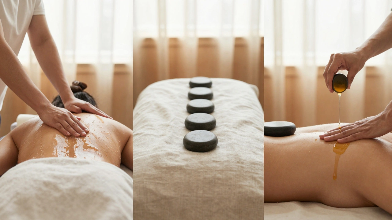 Trois techniques de massage visuelles : suédois, pierres chaudes et ayurvédique, dans une pièce minimaliste et apaisante.