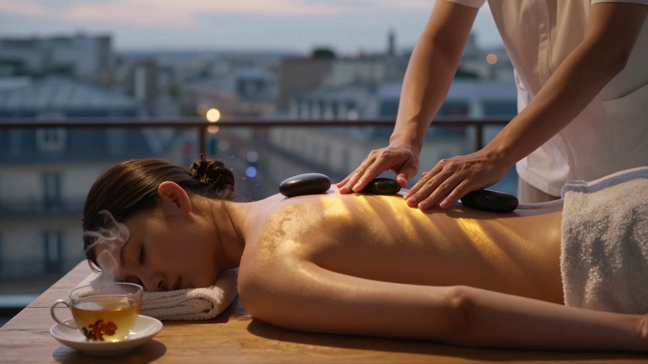 Un client flottant dans un état de profonde détente après un massage aux pierres chaudes.