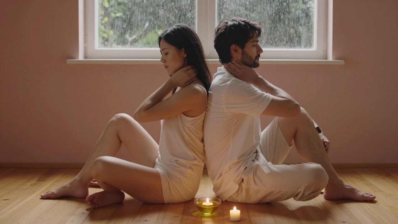 Un couple assis dos à dos à la maison, en train de se masser mutuellement les bras, dans une ambiance calme et intime.