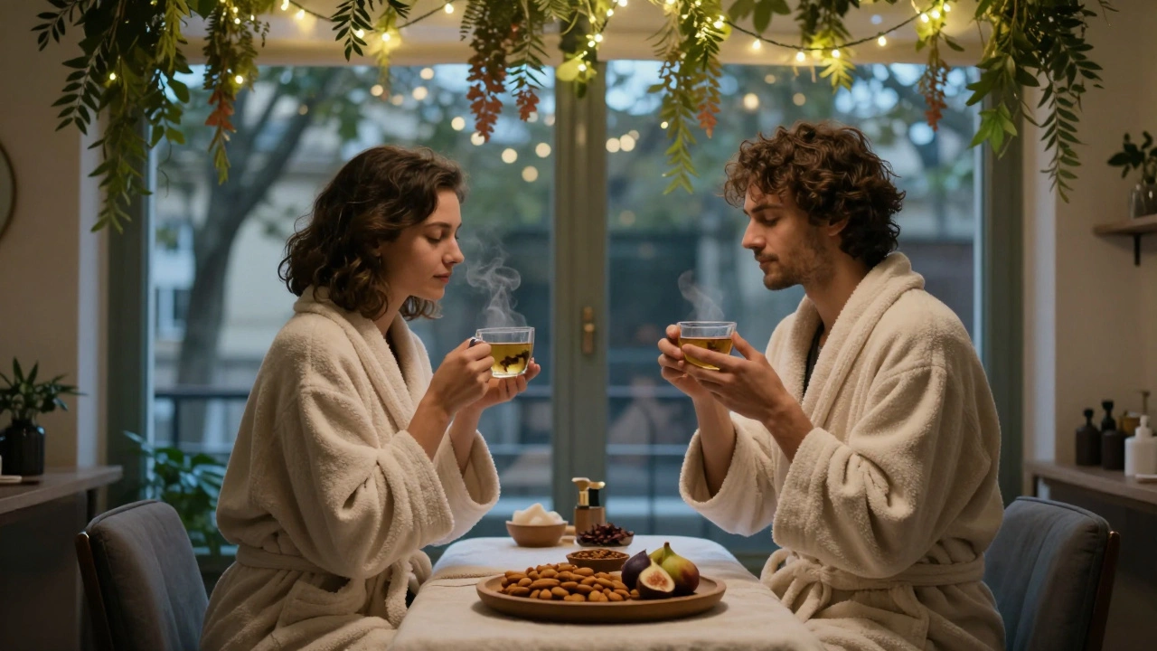 Un couple détendu après un massage, vêtu de peignoirs, partageant une tisane dans un espace apaisant avec des lumières douces.
