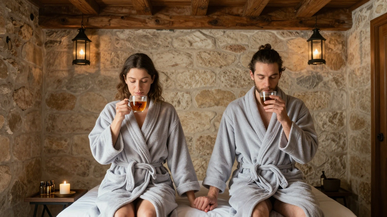 Un couple silencieux après un massage, sirotant une tisane dans un spa intime du Marais à Paris.