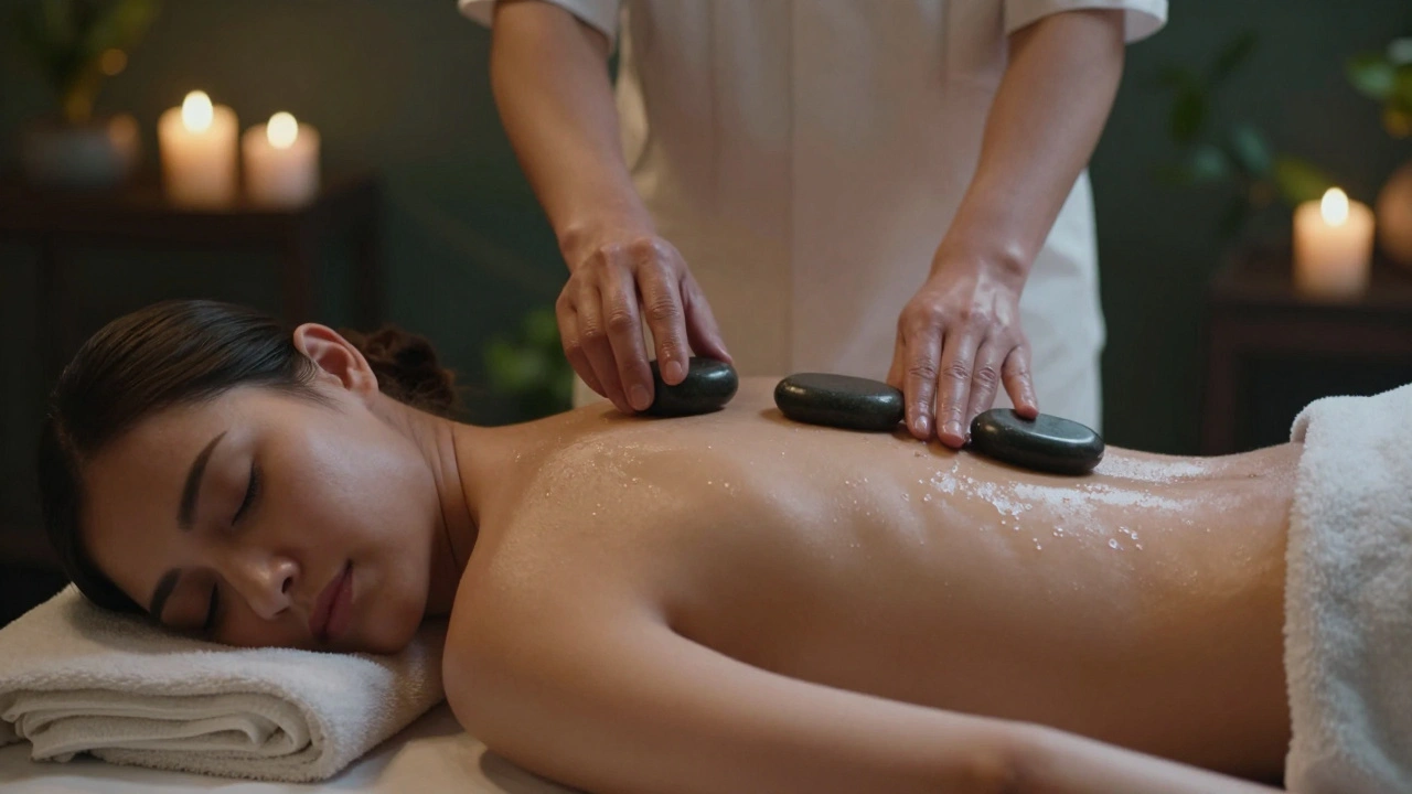 Un massage aux pierres chaudes dans un spa de Lyon, avec des pierres glissant sur le dos d'une personne détendue.