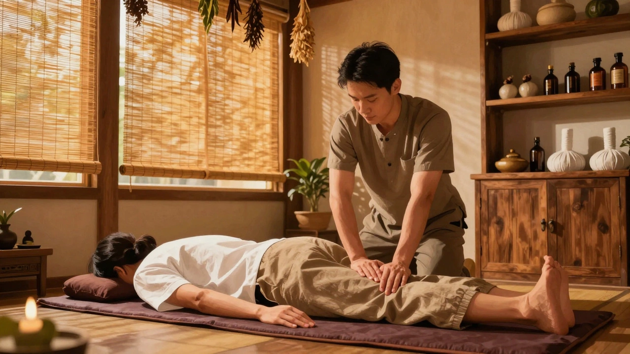 Un massage thaï en cours dans un salon chaleureux, avec un masseur utilisant ses mains et ses pieds.