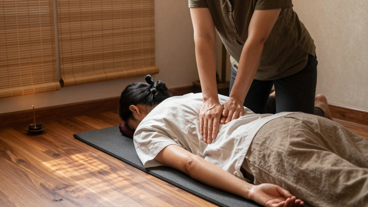 Un massage thaïlandais au sol dans un petit studio, le masseur étire doucement le client habillé, lumière naturelle et ambiance apaisante.