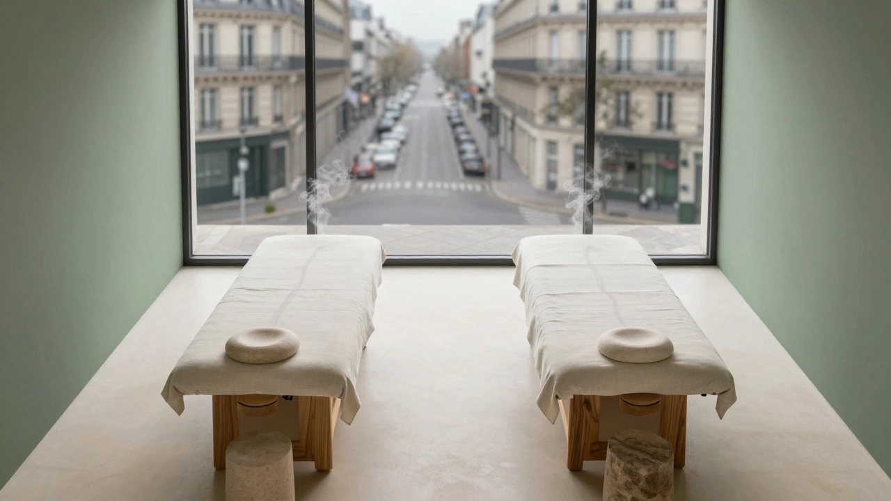 Vue aérienne d'une salle de massage minimaliste à Paris, avec des tables symétriques et une lumière douce filtrant par les fenêtres.