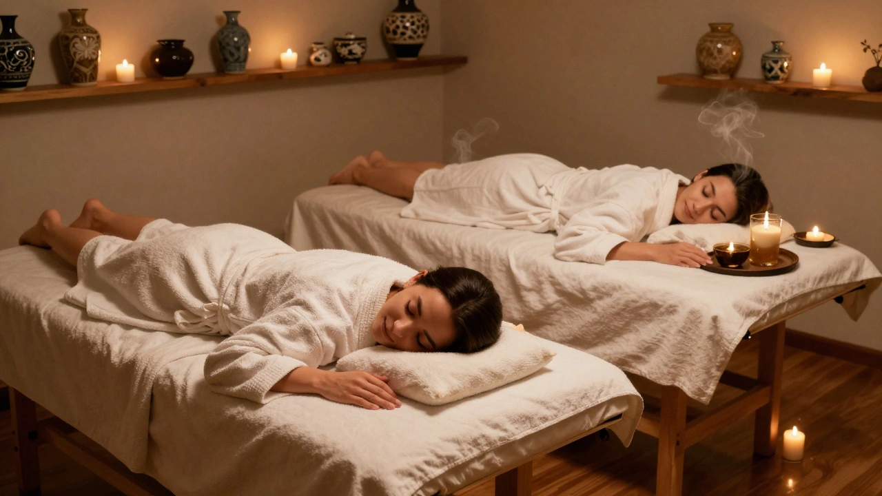 Couple allongé côte à côte en robe de spa, dans une pièce douillette éclairée par des bougies.