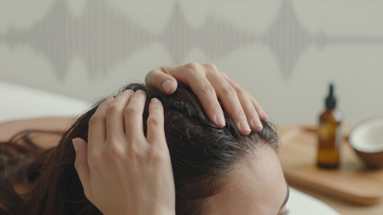 Des doigts massent délicatement le cuir chevelu d'une personne relaxée, dans une ambiance paisible et chaleureuse.