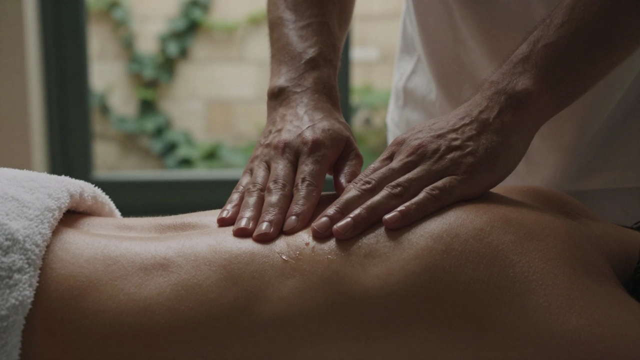 Des mains de masseur apaisant sur un épaule, avec de l'huile essentielle de lavande et une cour en arrière-plan.