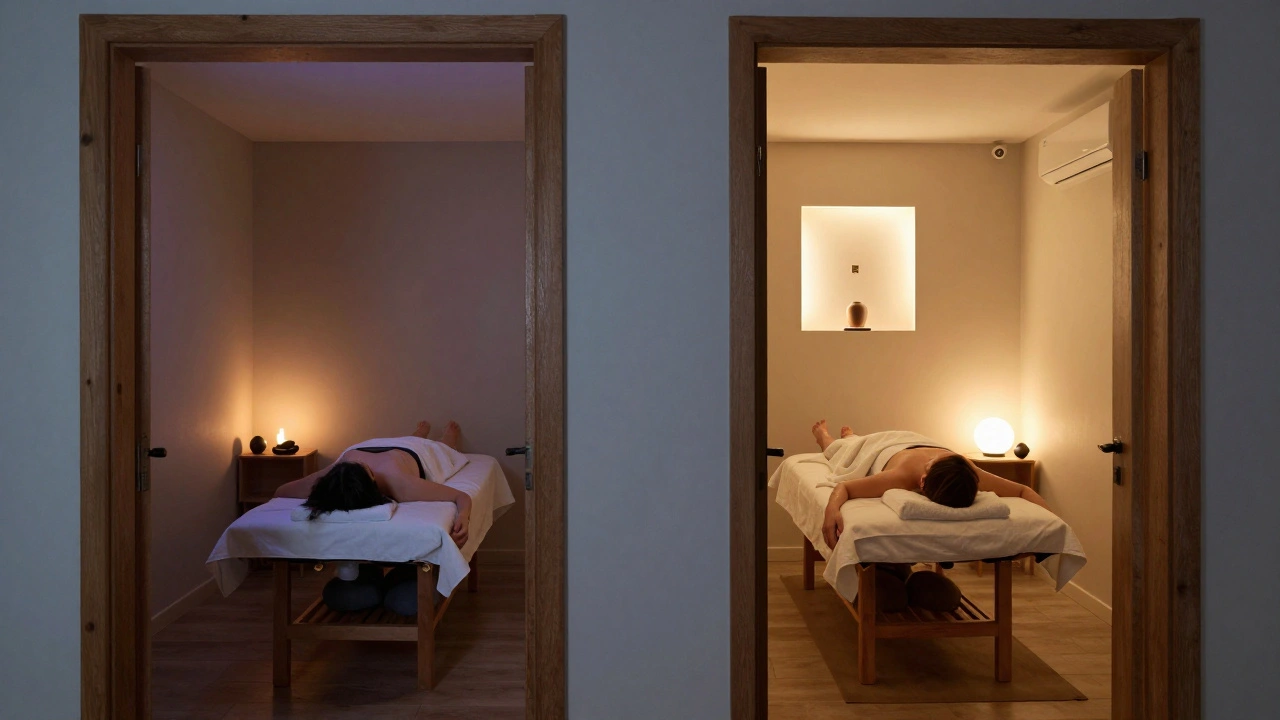 Deux chambres de massage personnalisées côte à côte, chacune adaptée à un besoin différent.