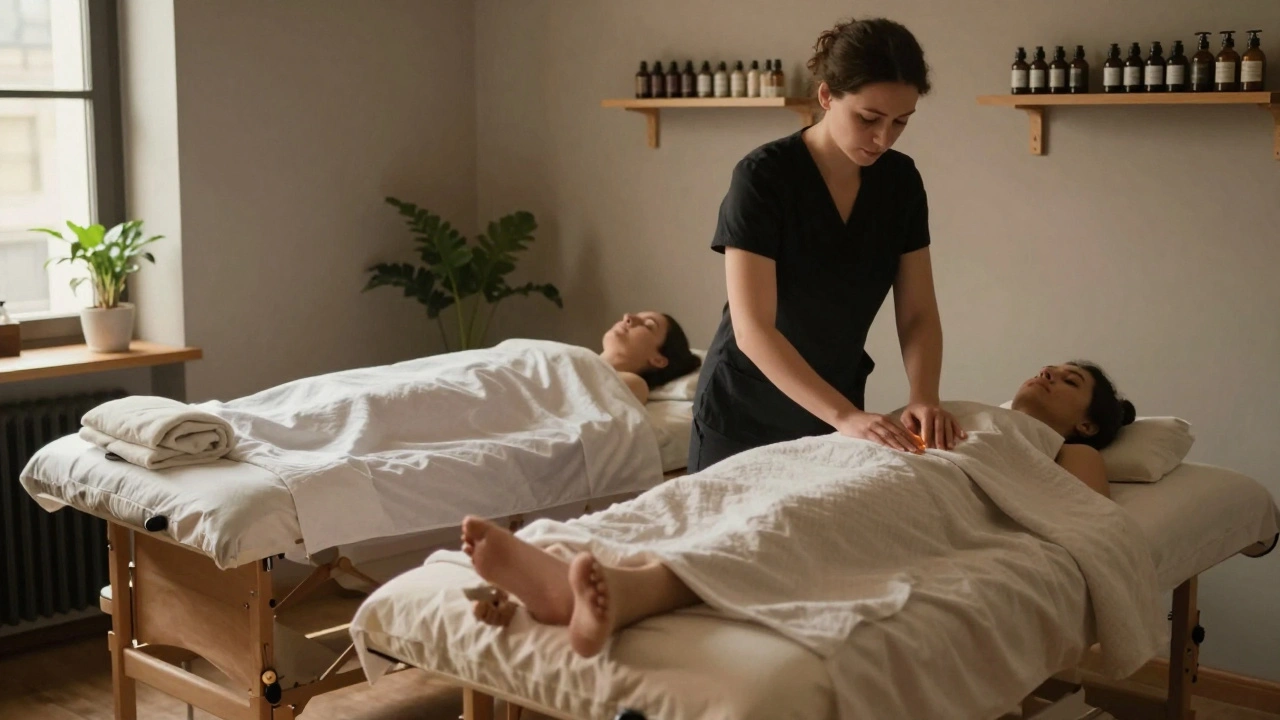 Deux personnes en massage côte à côte dans un salon intime du 17e arrondissement.