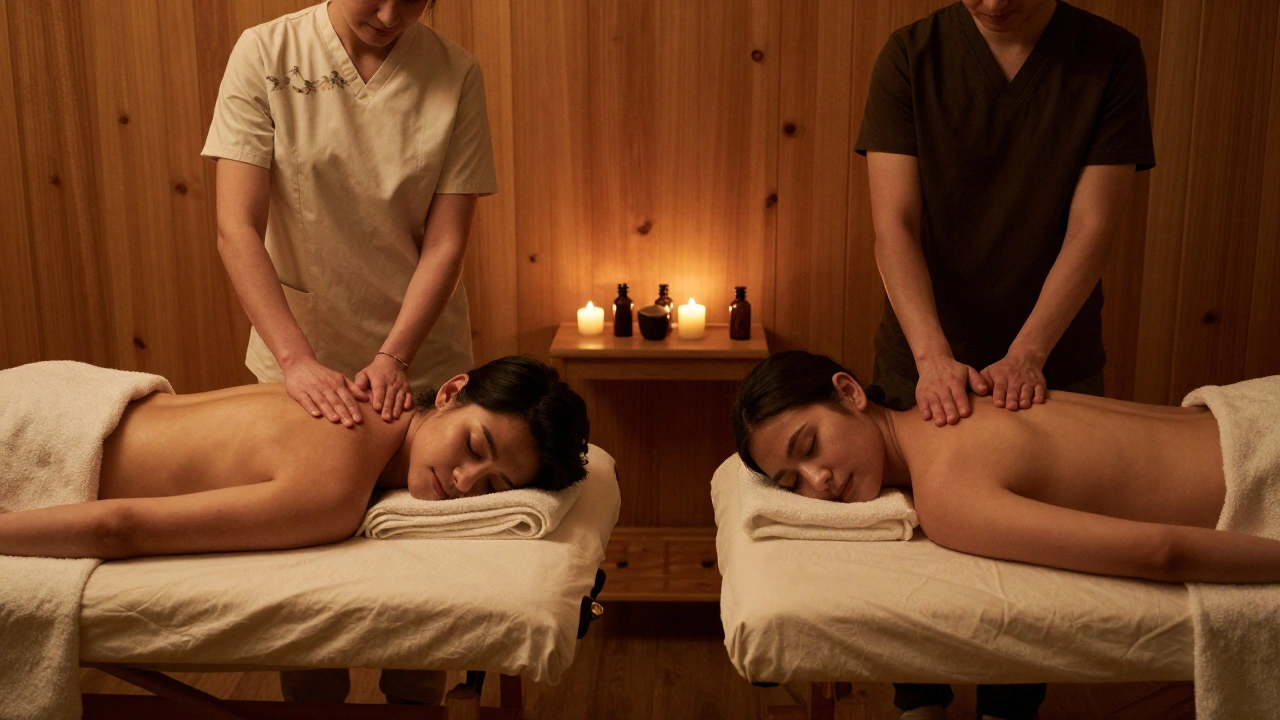 Deux personnes en massage simultané dans une pièce en bois, avec deux masseurs travaillant en synchronie, lumière douce et ambiance paisible.