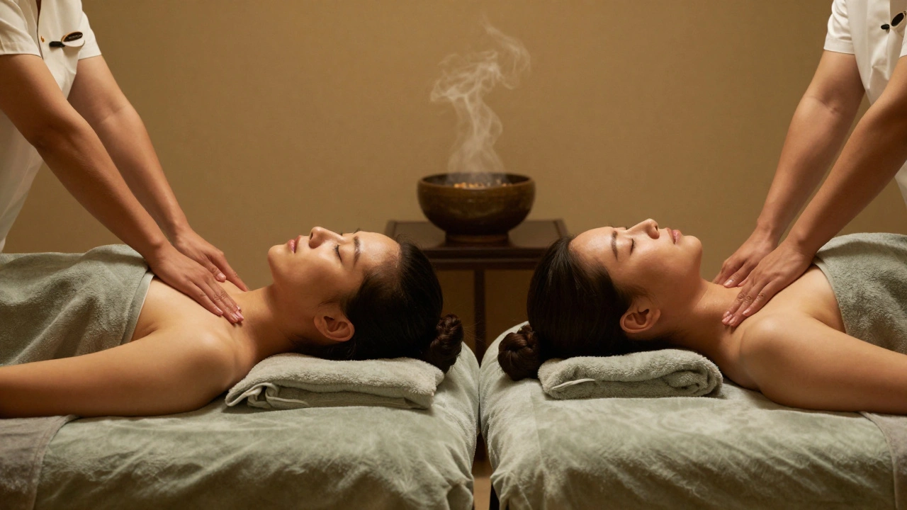 Deux personnes profitant d'une séance de drainage lymphatique en duo dans un spa élégant du 16e arrondissement de Paris.