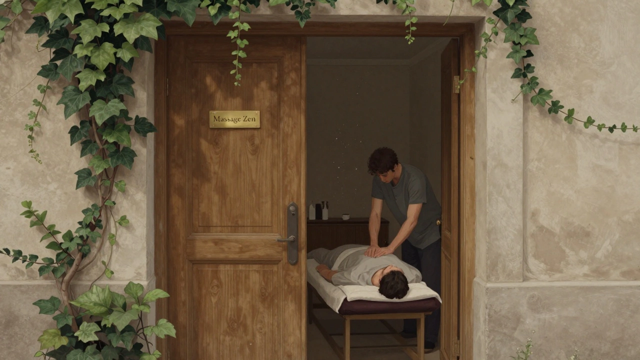Entrée discrète d'un salon de massage Zen dans le Marais, sans enseigne, avec une plaque en laiton.