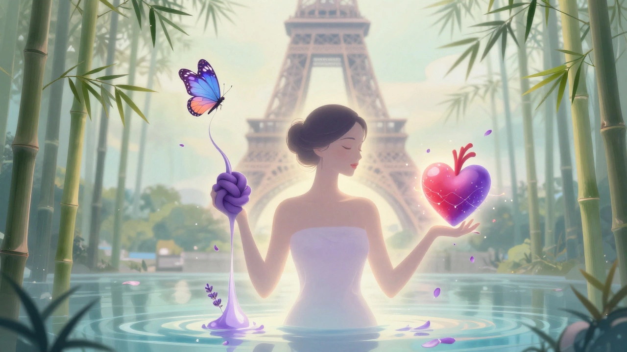 Femme émergeant d'une séance de spa, entourée de symboles de paix et de transformation, fond flou de Paris.