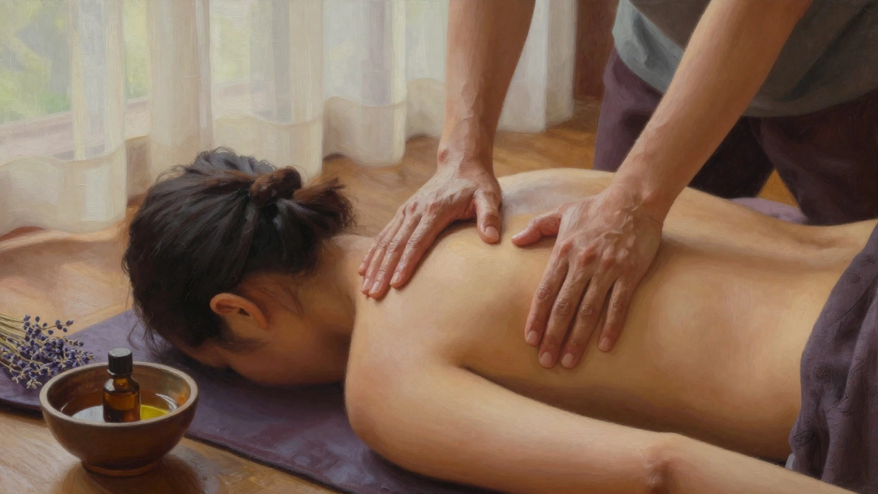 Les mains d'un praticien effectuent un massage thaï sur un client habillé, dans une lumière douce et naturelle.