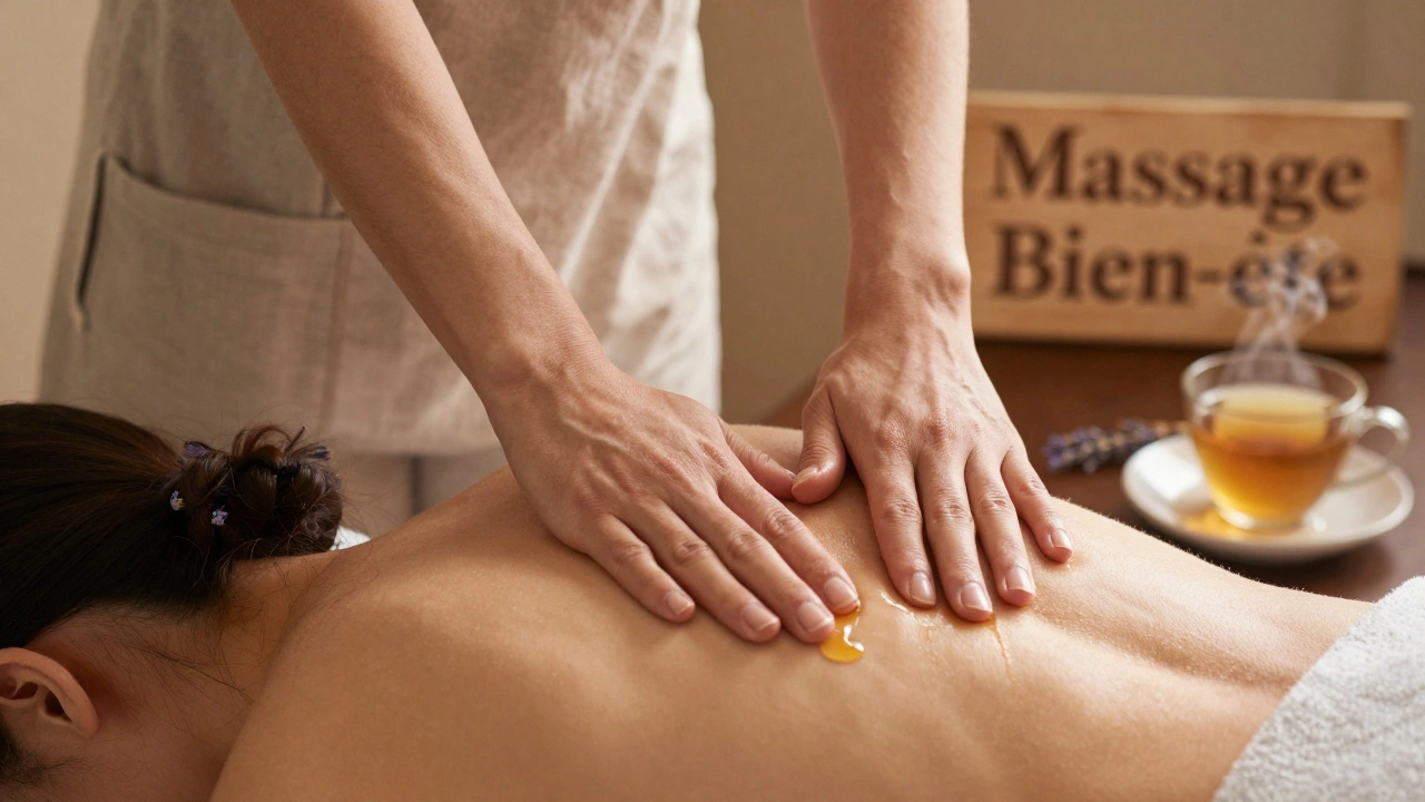 Mains d'un praticien appliquant un massage doux avec huile chaude, dans un cadre calme.