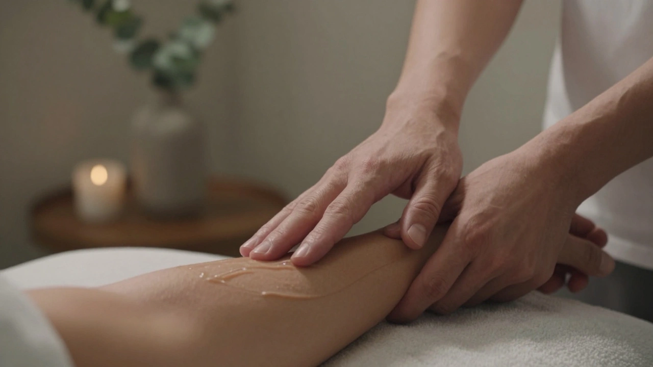 Mains d'un thérapeute en mouvement très doux sur l'avant-bras d'un client, imitant le flux lymphatique, dans un cadre apaisant.