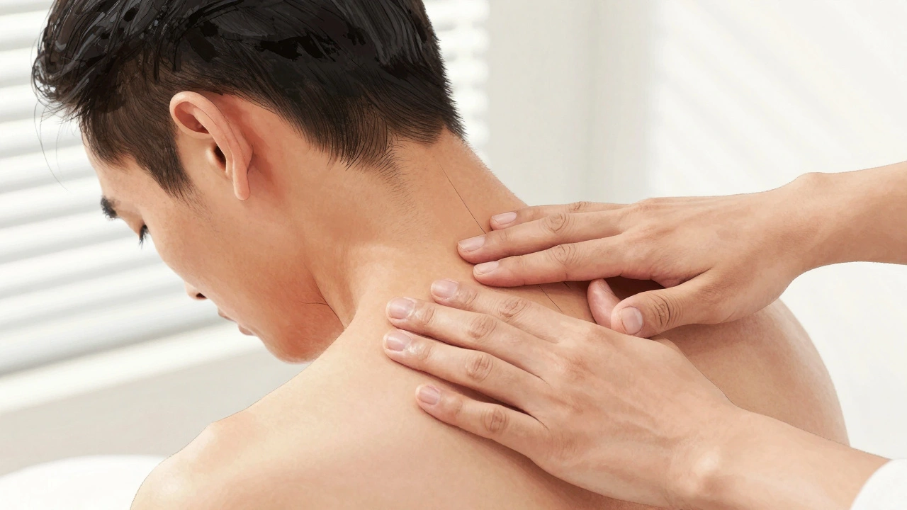 Mains d'un thérapeute exercent une pression ciblée sur l'épaule et le cou pendant une séance de massage chinois.