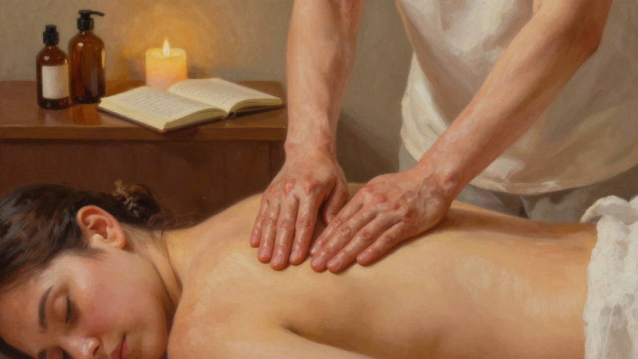 Mains de masseuse en action sur le bas du dos, avec huiles et bougie dans un cadre intime.