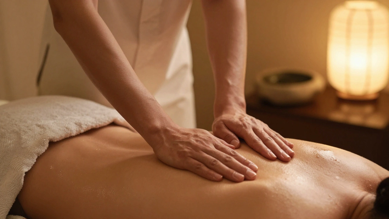 Mains effectuant un massage Shiatsu sur le dos, dans un environnement apaisant et traditionnel.
