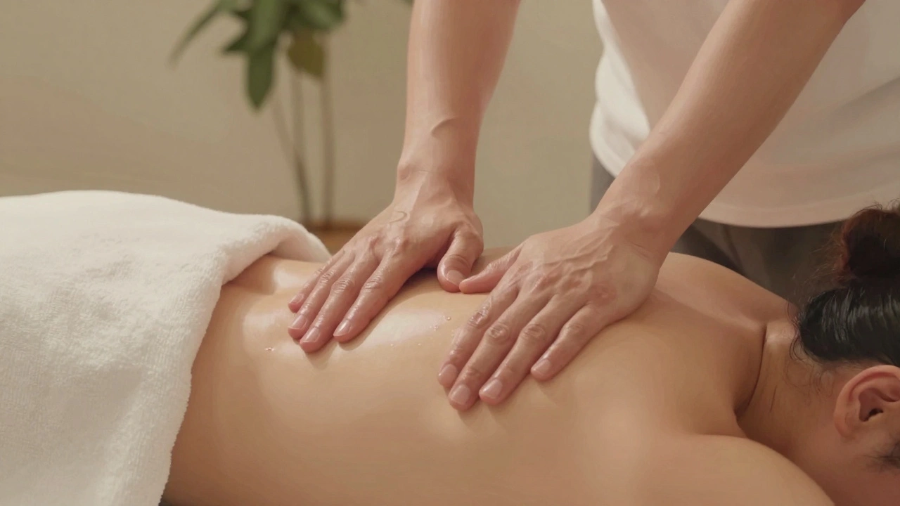 Mains expertes massant doucement les épaules d'une personne allongée, sous une couverture blanche, dans une ambiance apaisante.