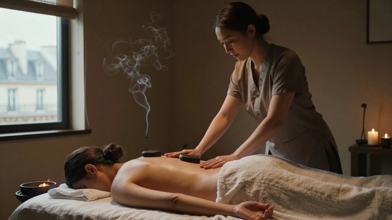 Masseuse française exécutant un massage thaïlandais avec pierres chaudes, dans une pièce chaleureuse et calme.