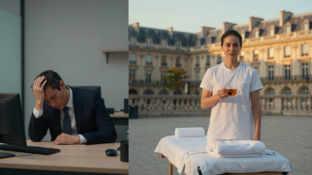 Personne avant et après une séance de Tuina : de la tension au bien-être, dans un cadre parisien.