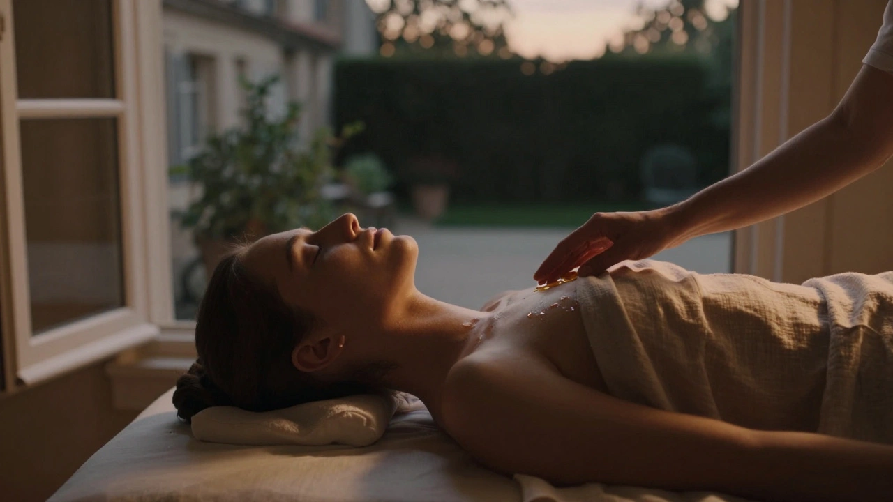 Personne détendue après un massage, une goutte d'huile sur le dos, lumière dorée d'un crépuscule parisien filtrant par une fenêtre.