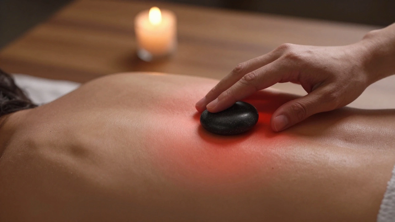 Plan rapproché de mains tenant une pierre chaude sur la peau, avec effet thermique subtil, ambiance intime et réparatrice.