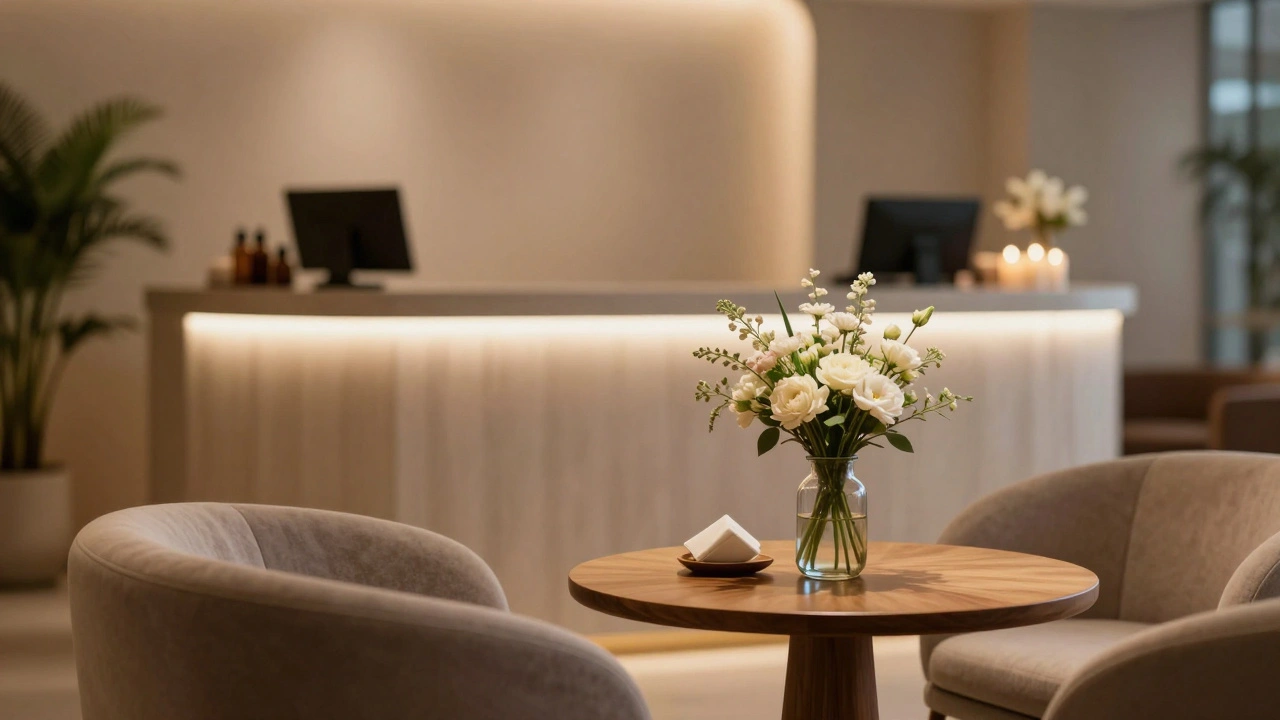 Salle d'accueil d'un spa élégant avec sièges moelleux et éclairage doux