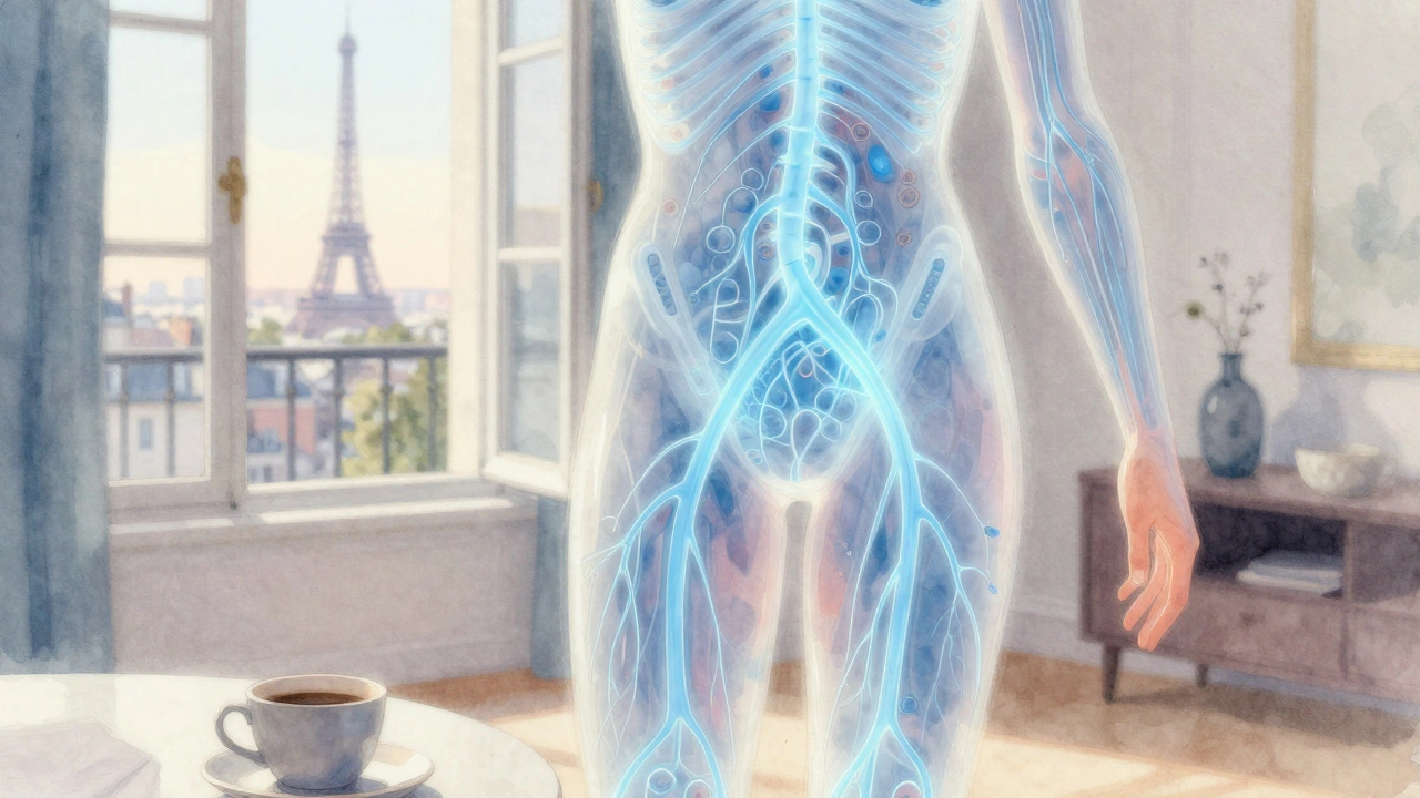 Schéma artistique des voies lymphatiques lumineuses dans un corps humain, sur fond d'un intérieur parisien paisible.