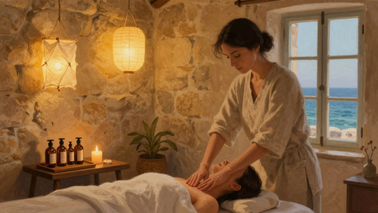 Studio de massage apaisant à Marseille avec lanternes, huiles naturelles et vue sur la mer.