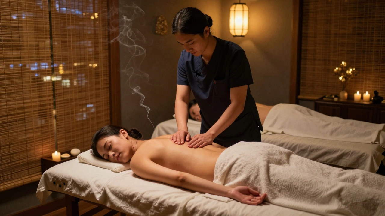 Un couple en massage Shiatsu dans un spa chaleureux, avec des lanternes et des rideaux de bambou, dans une ambiance intime et calme.