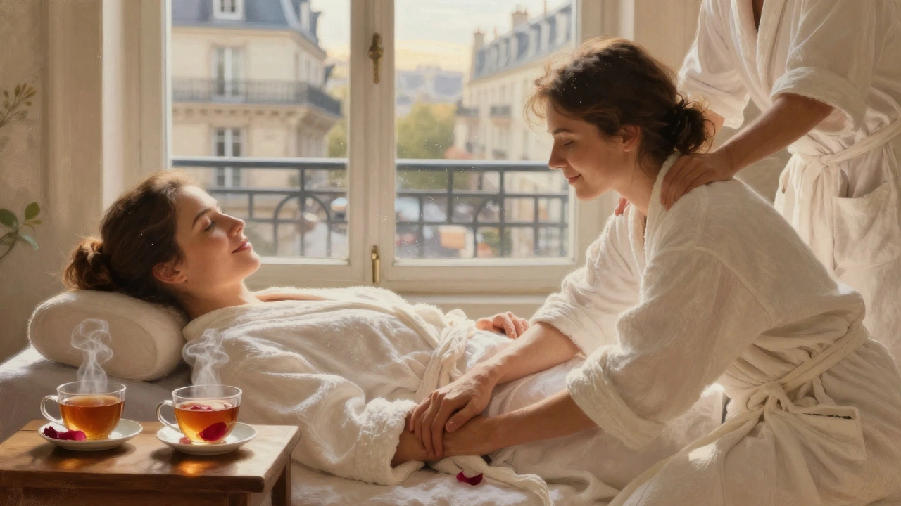 Un couple en peignoir, main dans la main, sourit doucement après un massage, entouré de thé et de pétales de rose dans un spa de Montmartre.