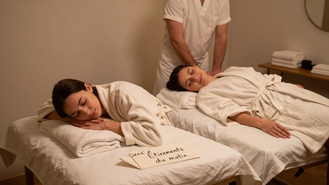 Un couple profite d'un massage ensemble dans un salon du 13e, dans une atmosphère paisible et intime.