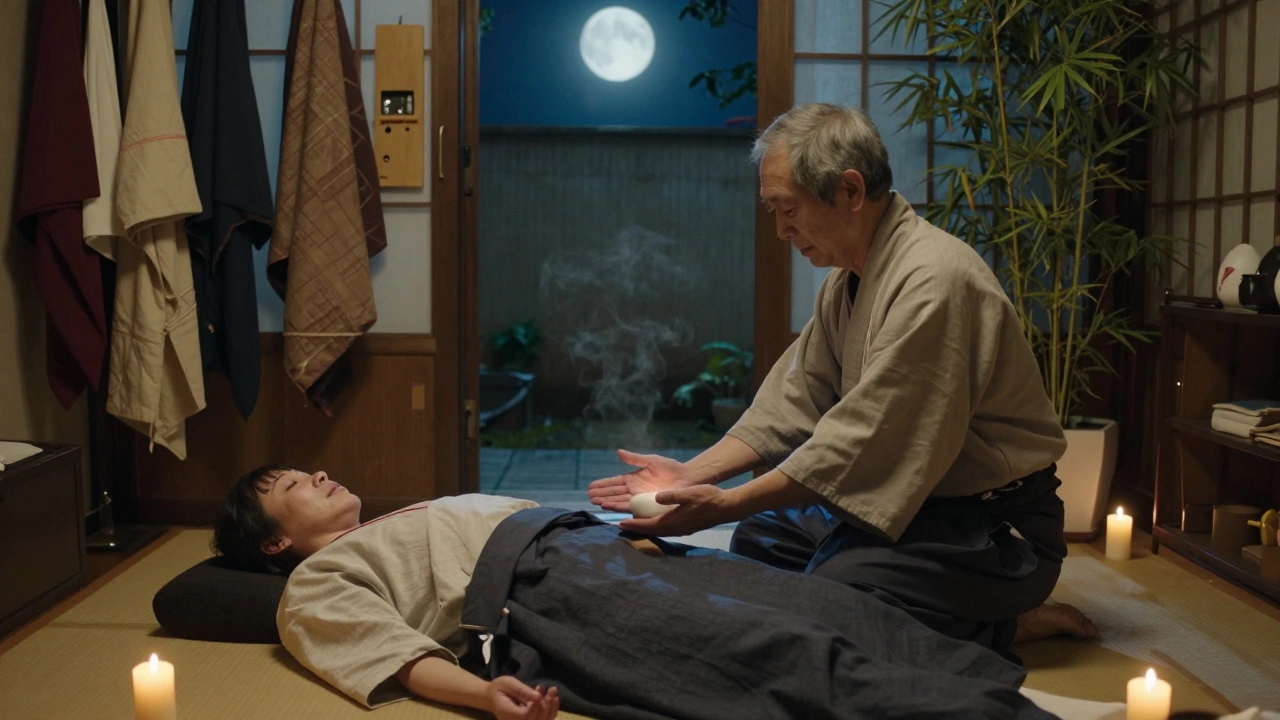 Un maître japonais réalise des mouvements doux sur un client allongé, dans un atelier intime de Paris avec une compresse d'herbes chaudes.